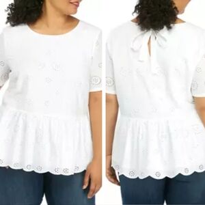 Crown & Ivy Short Sleeve Peplum Eyelet White Cotton Top Size Women's Plus 2X NWT